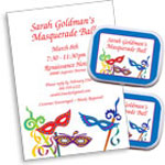 Mardi Gras masquerade theme invitations and favors